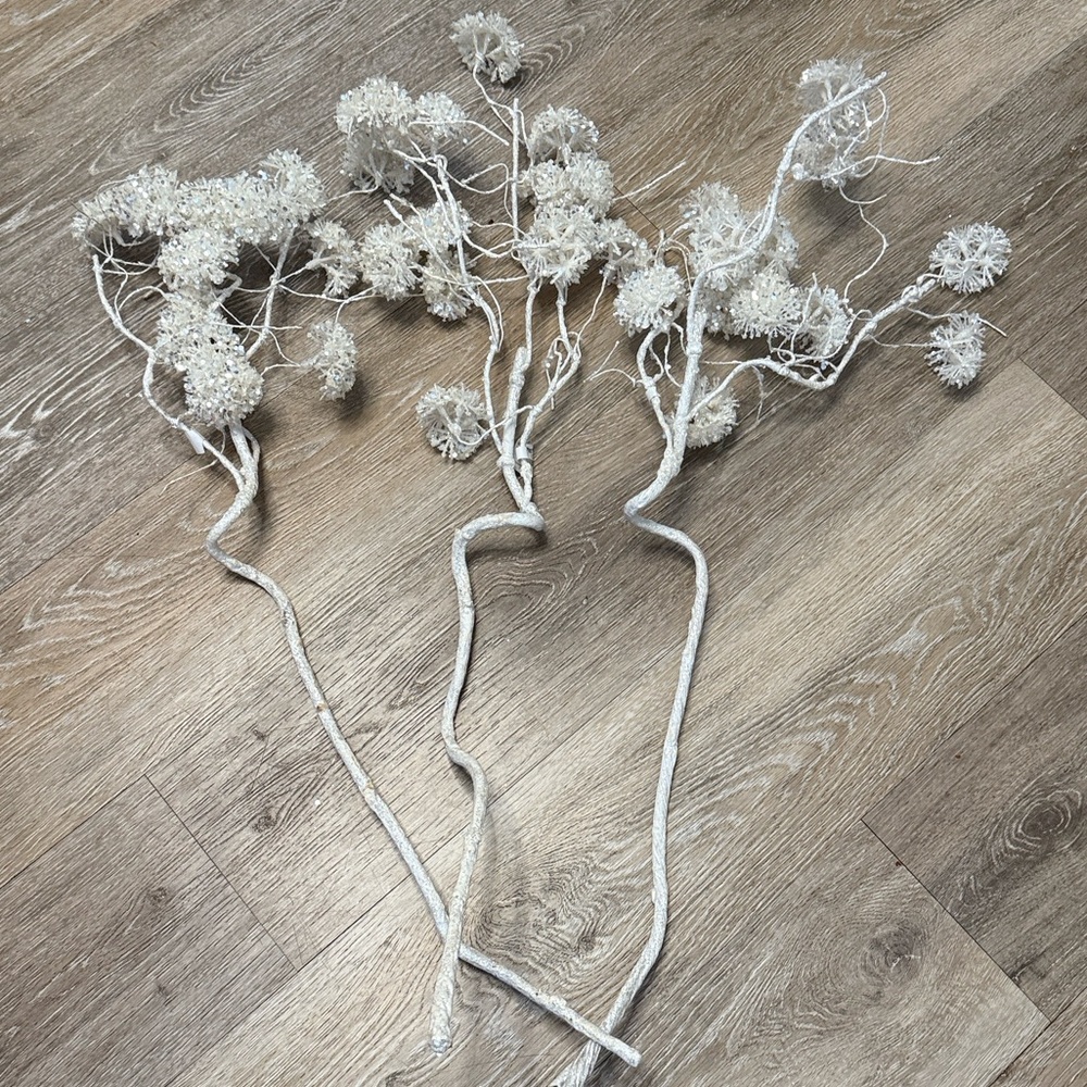 Vintage Pier 1 White Glitter Snowball Floral Sprays Set of 3 24”